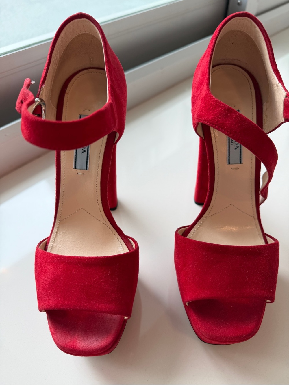 Prada Red Suede Platform Heel Sandals